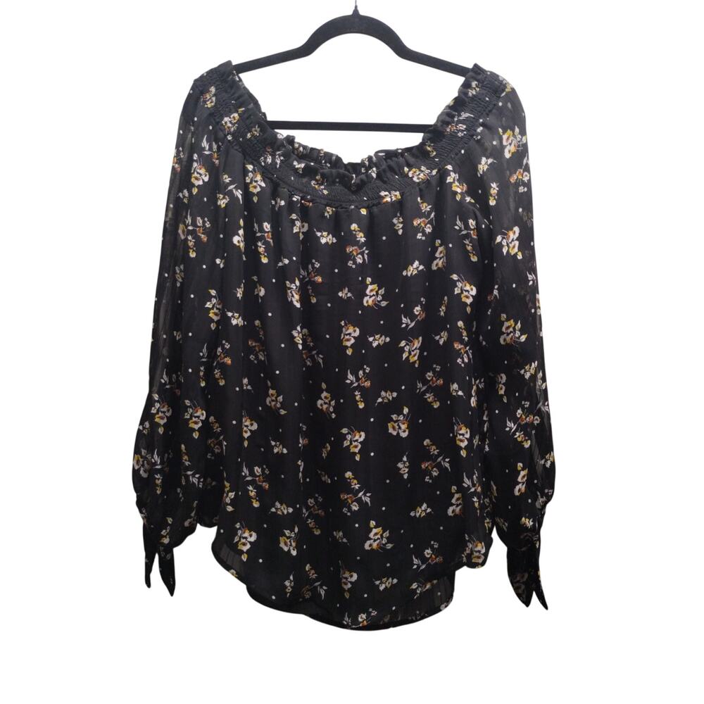 WAYF Long Tie Sleeves Top Size Large Black Yellow Floral On or Off Shoulder